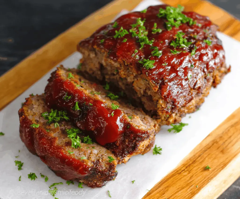 Juicy homemade air fryer meatloaf garnished with fresh herbs on a rustic plate, ready to serve