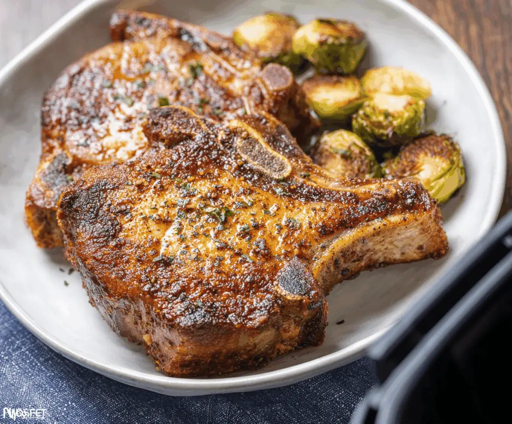 Juicy, golden-brown Air Fryer Pork Chops served on a plate with herbs and vegetables, perfect for a quick and healthy dinner.