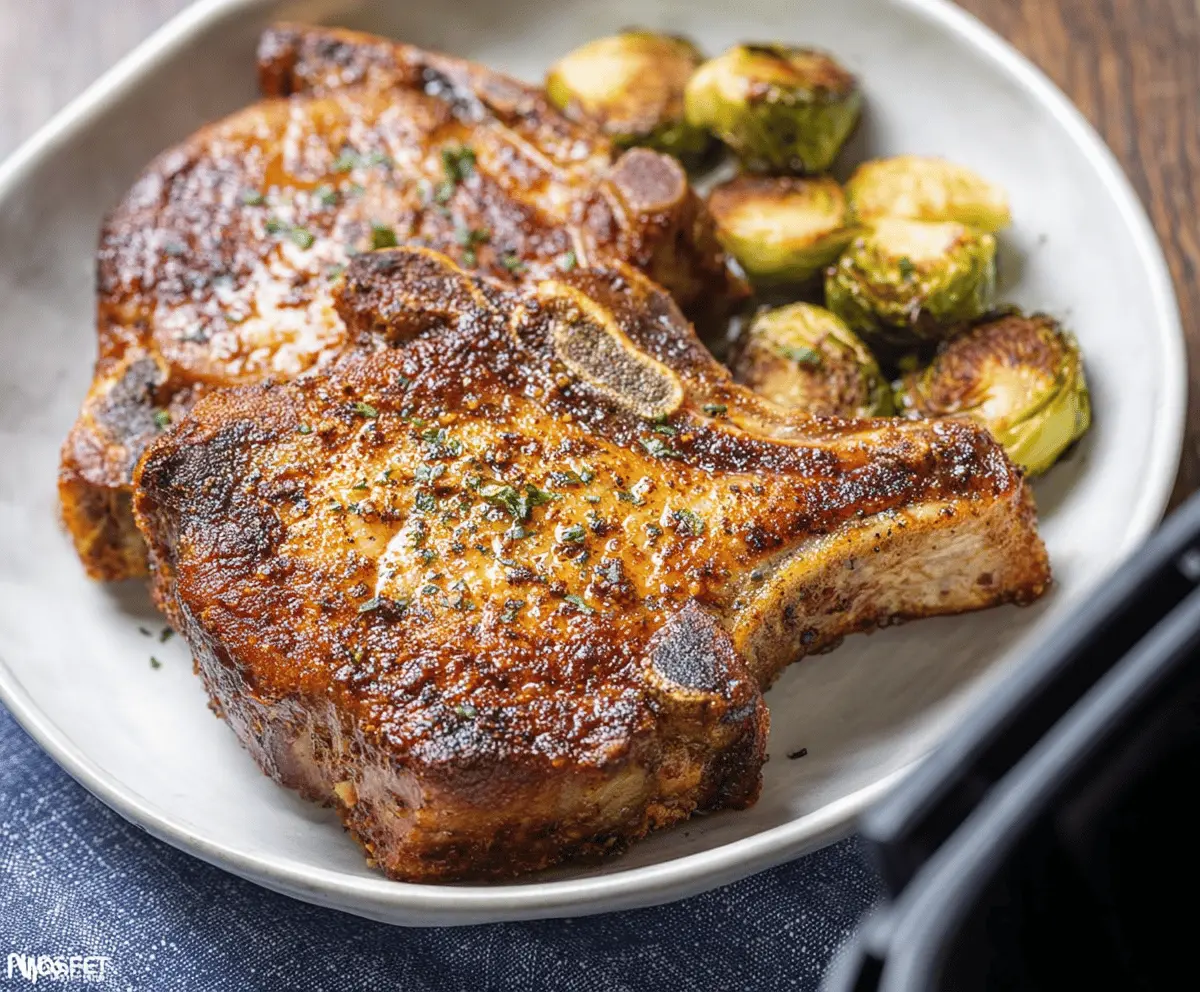 Juicy, golden-brown Air Fryer Pork Chops served on a plate with herbs and vegetables, perfect for a quick and healthy dinner.