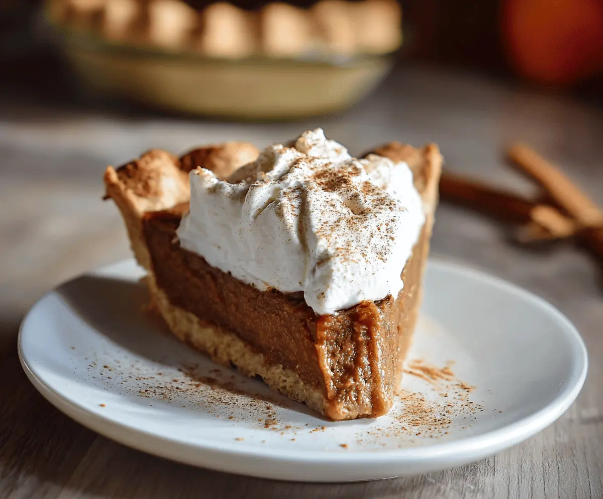 A slice of Apple Butter Pie topped with cinnamon whipped cream, garnished with a cinnamon stick and apple slices on a rustic plate.