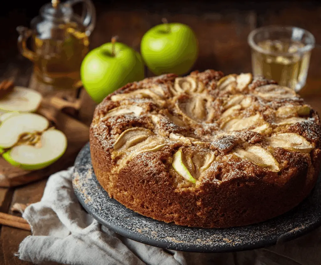 Delicious homemade apple cider cake with a golden brown crust, topped with a dusting of powdered sugar and fresh apple slices, perfect for fall desserts