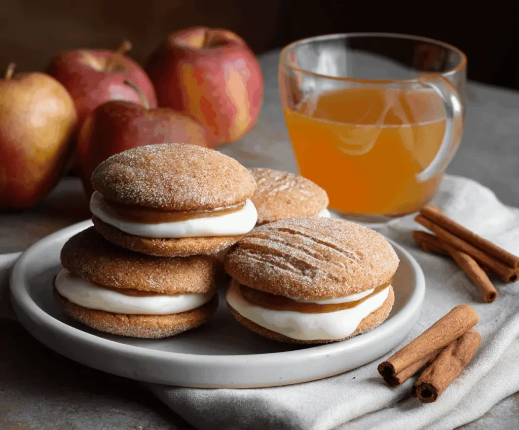 Delicious homemade apple cider whoopie pies with creamy filling on a rustic wooden table, perfect for fall dessert lovers