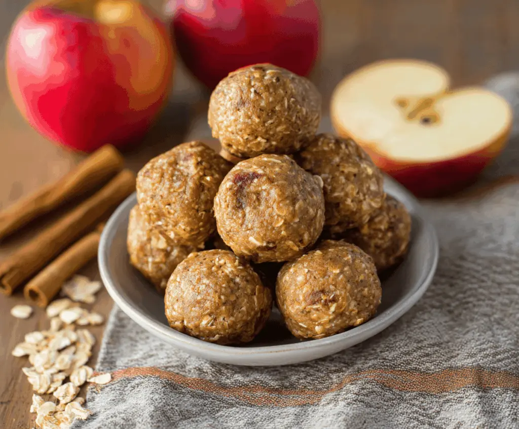 Delicious homemade apple cinnamon pumpkin protein balls on a white plate, perfect for a healthy snack