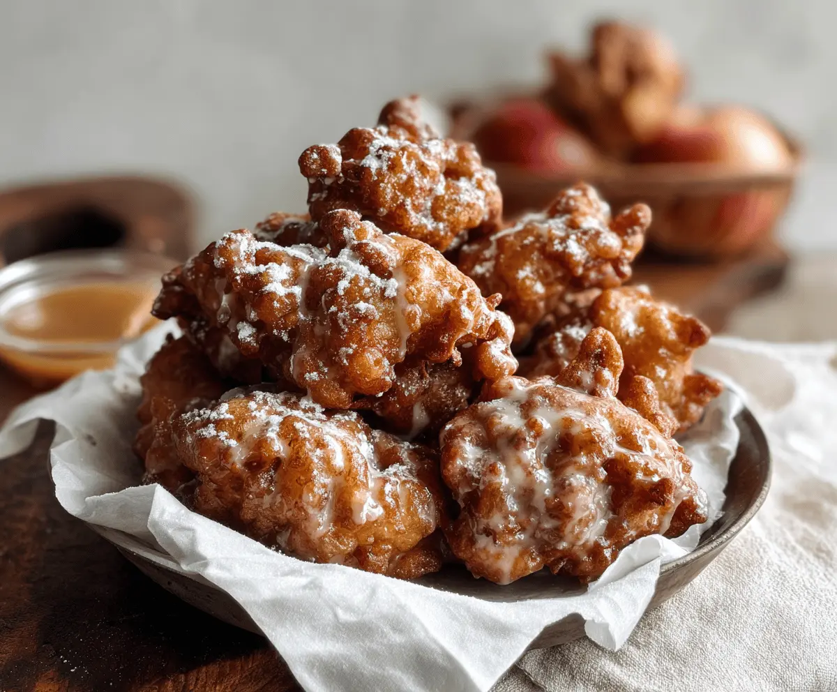 Golden apple fritters with crispy edges and a dusting of powdered sugar on a rustic plate.