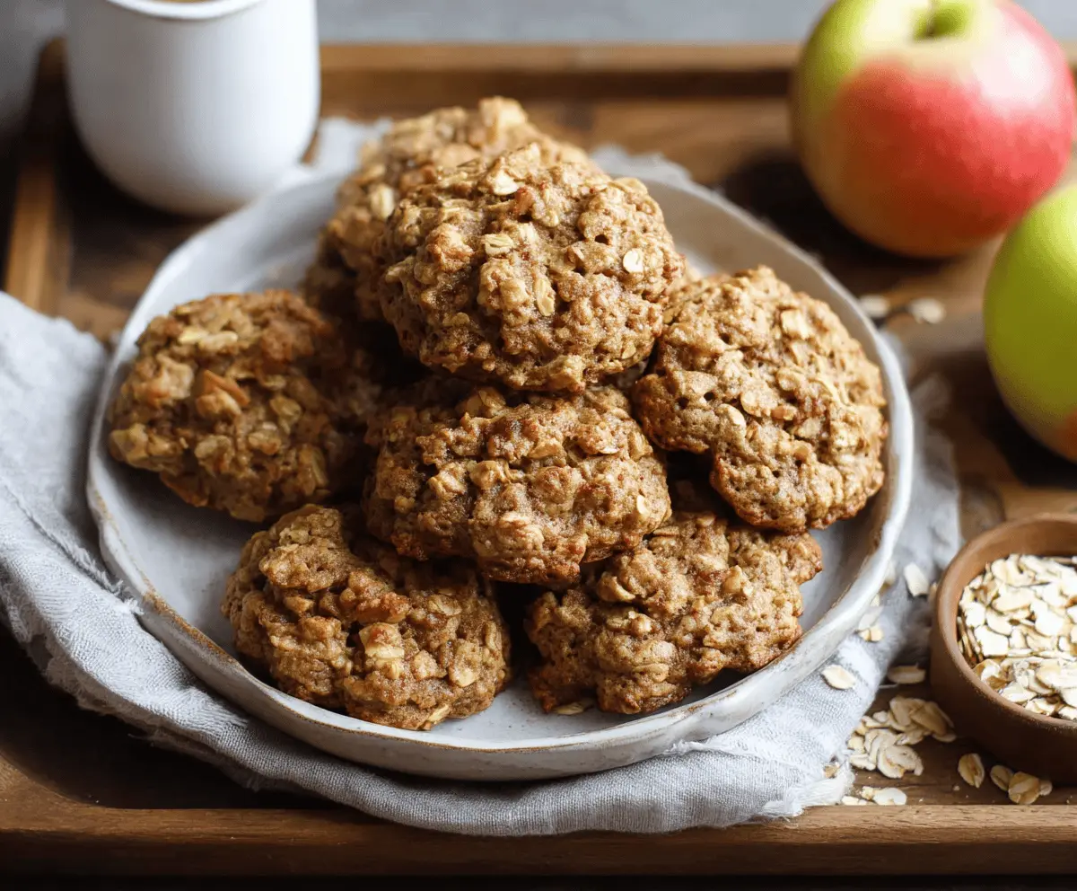 Homemade apple oatmeal cookies with fresh apple chunks and oats on a rustic wooden table