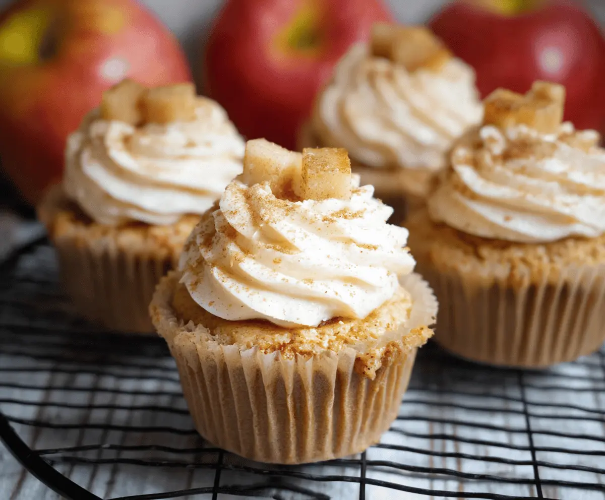 Delicious homemade apple pie cupcakes with cinnamon-spiced apple filling topped with golden crumb topping and a dusting of powdered sugar, perfect for dessert or fall gatherings.