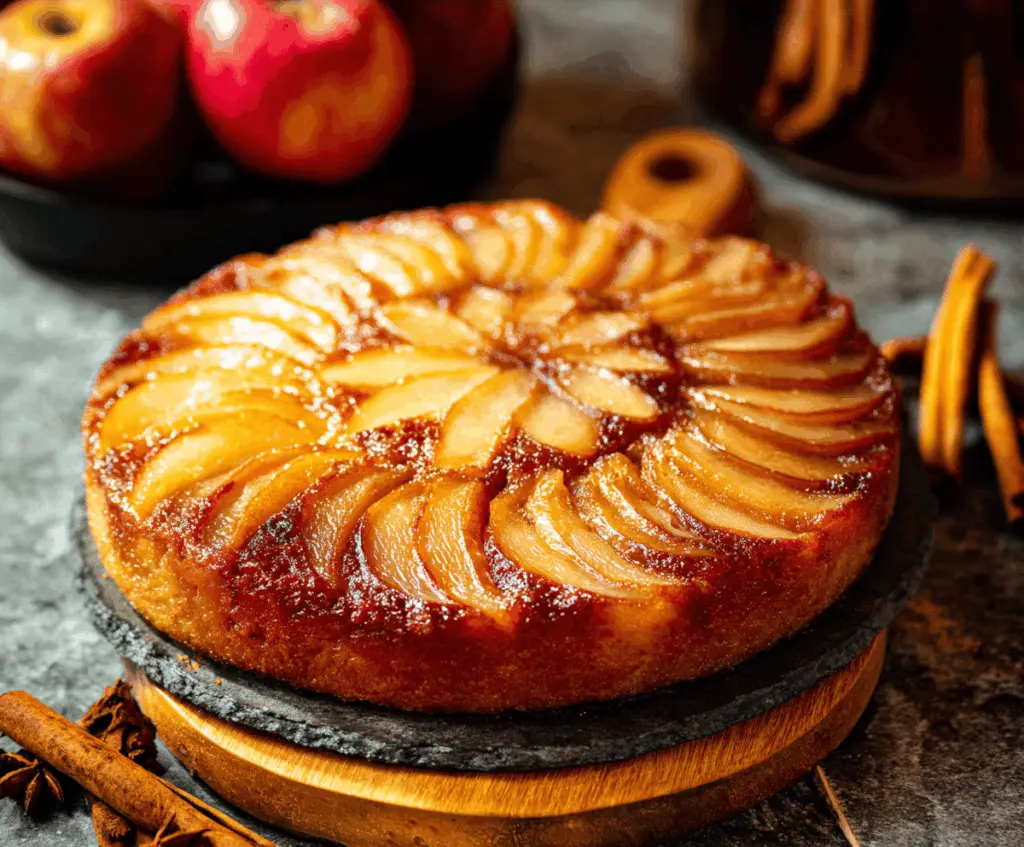 Delicious homemade Apple Upside Down Cake topped with caramelized apple slices and a golden brown crust, perfect for dessert or special occasions.