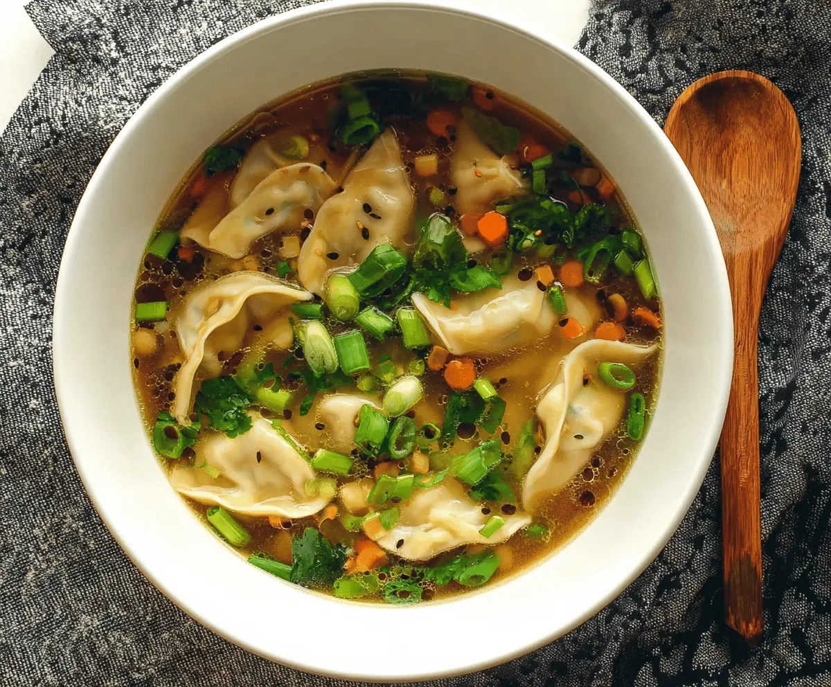 A steaming bowl of Asian Dumpling Potsticker Soup featuring golden potstickers, fresh green vegetables, and flavorful broth garnished with chopped scallions.