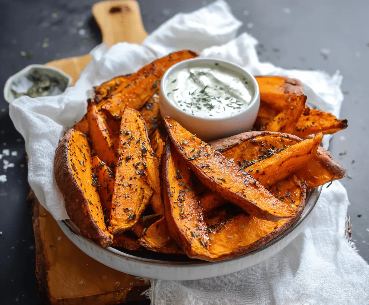 Baked sweet potato wedges crispy and golden served on a white plate with fresh herbs, perfect healthy snack or side dish