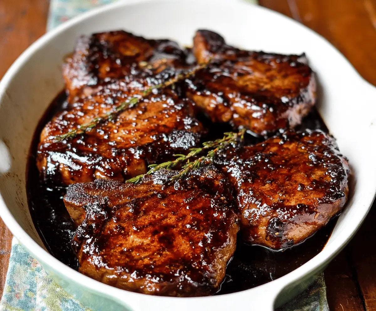 Juicy pork chops glazed with balsamic vinegar and caramelized onions on a rustic wooden table