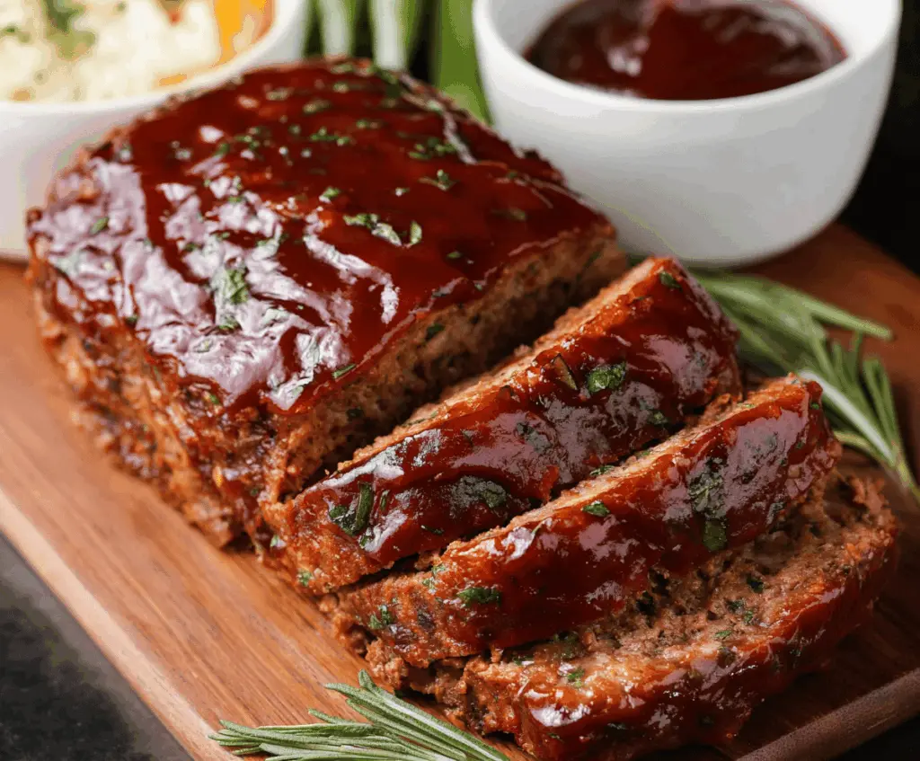 Juicy BBQ glazed meatloaf topped with smoky barbecue sauce and garnished with fresh herbs on a rustic plate.