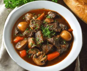 Hearty beef stew with tender mushrooms and vegetables in a rustic bowl, perfect for comforting meals.