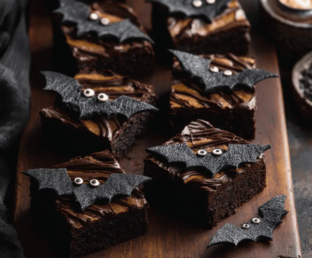 Delicious black bat-shaped brownies with glossy chocolate frosting and spooky Halloween decoration.