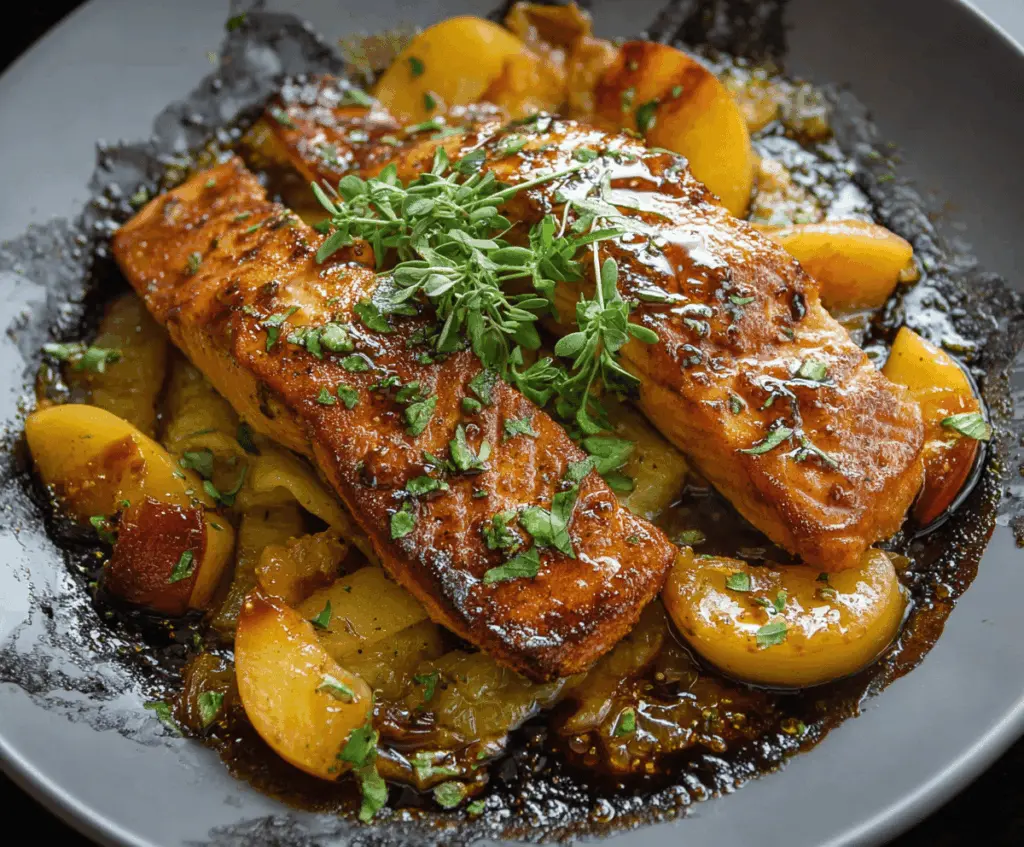 Delicious Bourbon Peach Roasted Salmon garnished with fresh herbs on a white plate, served with roasted vegetables, perfect for a flavorful seafood dinner.
