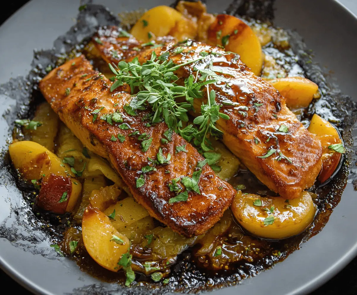 Delicious Bourbon Peach Roasted Salmon garnished with fresh herbs on a white plate, served with roasted vegetables, perfect for a flavorful seafood dinner.