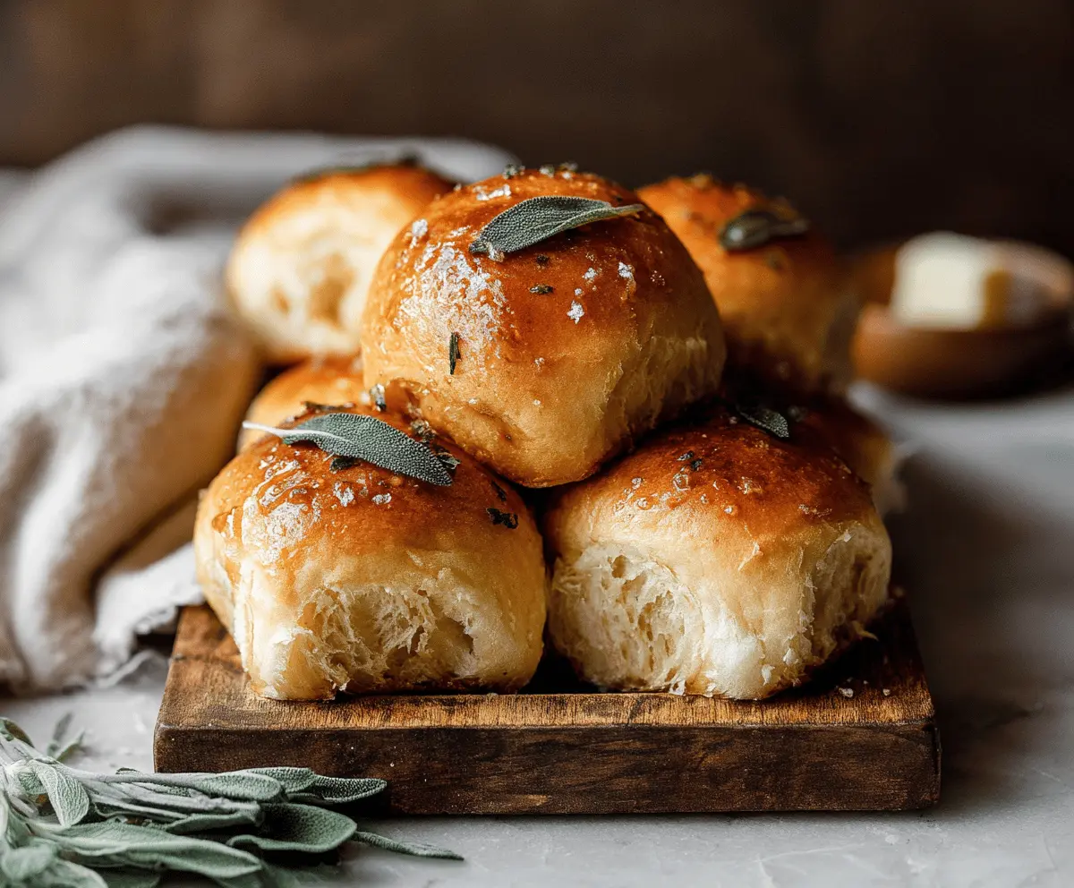 Freshly baked brown butter sage dinner rolls with golden crust and aromatic sage leaves on top
