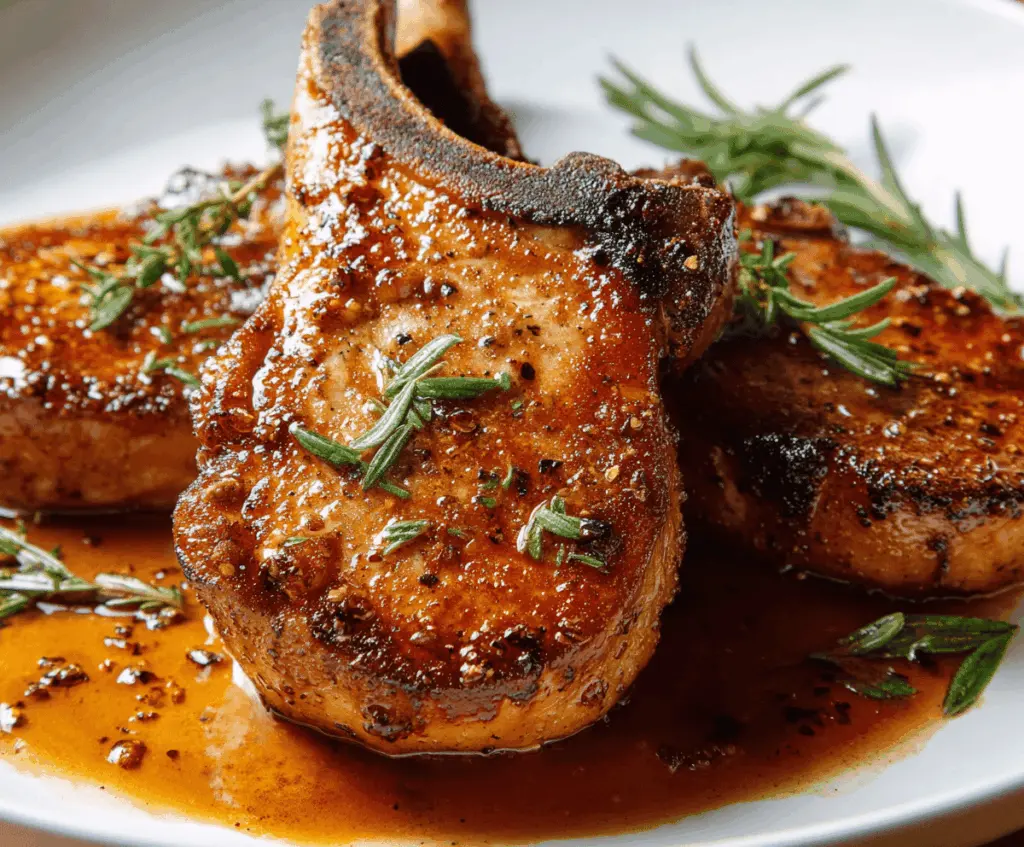 Juicy brown sugar glazed pork chops served with roasted vegetables on a plate