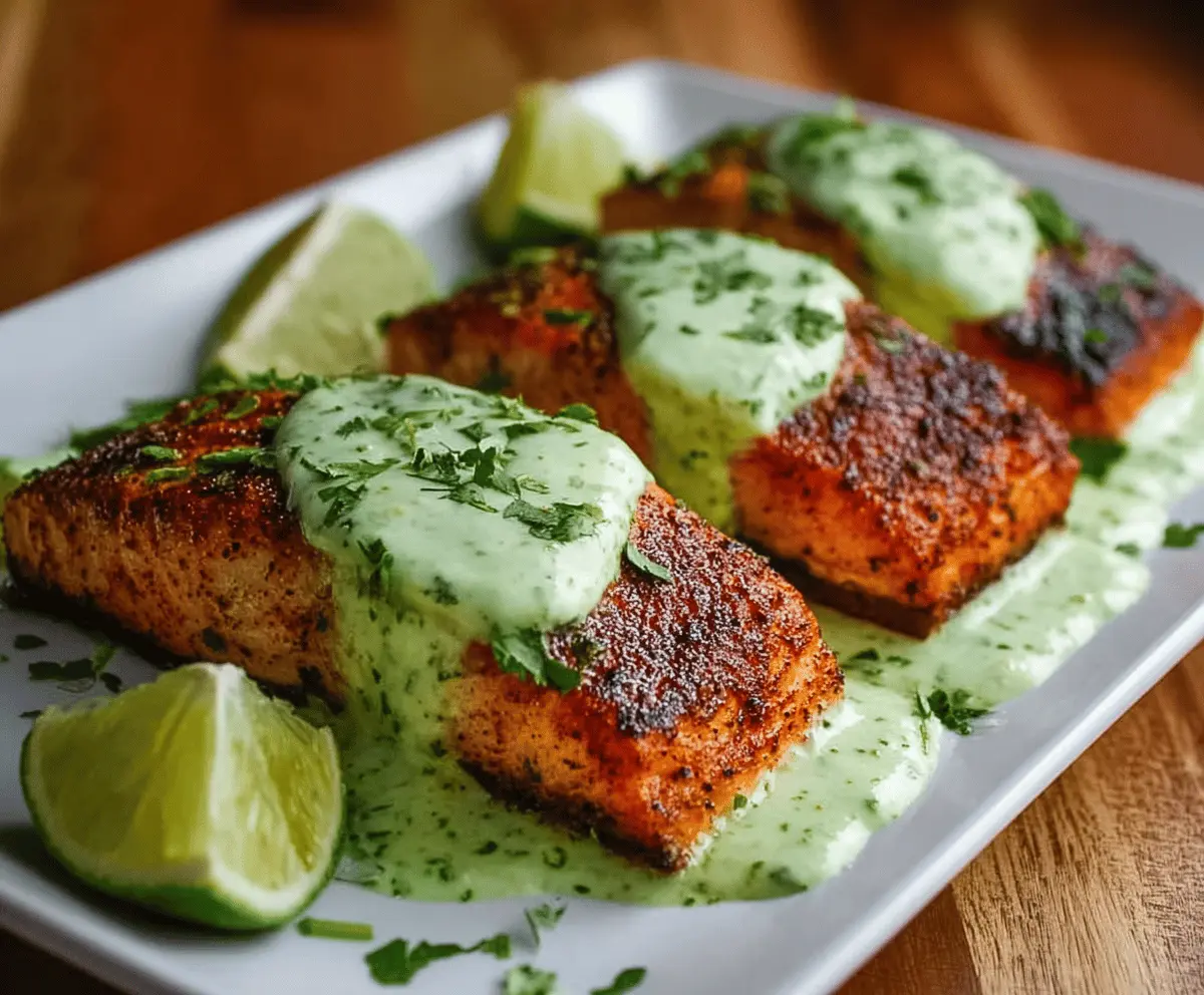 Delicious Cajun Salmon topped with creamy avocado lime sauce on a plate, garnished with fresh herbs, perfect for a flavorful seafood meal.