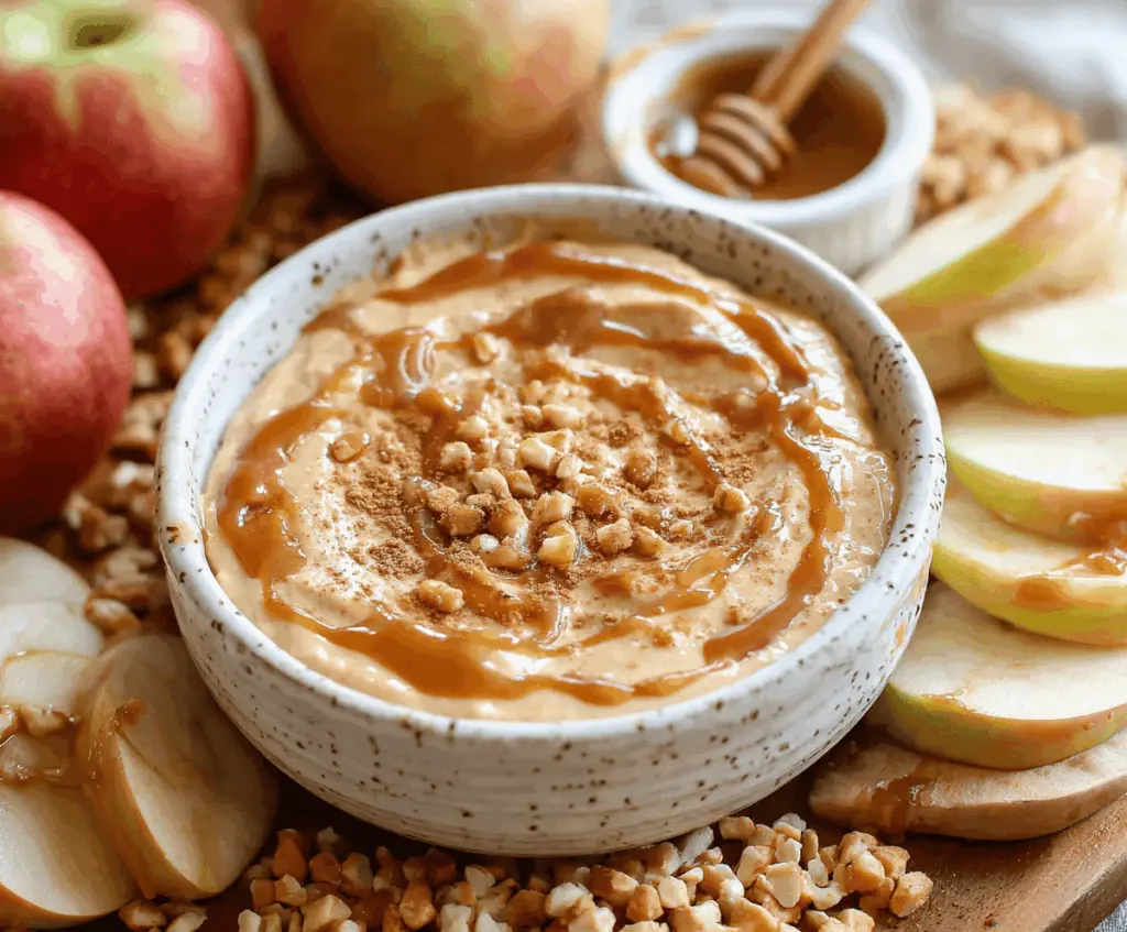Creamy caramel apple dip served with fresh sliced apples for a sweet and easy snack or dessert.