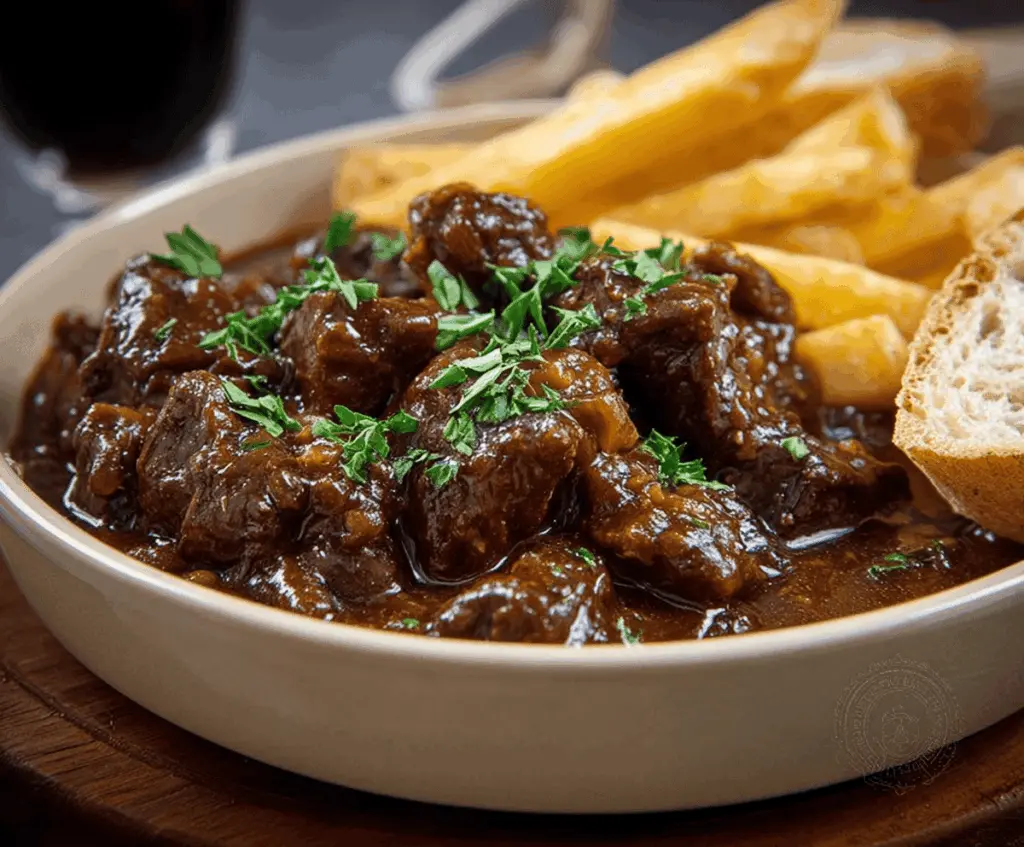 Hearty Carbonnade Flamande beef stew with rich gravy and fresh herbs in a rustic serving dish.