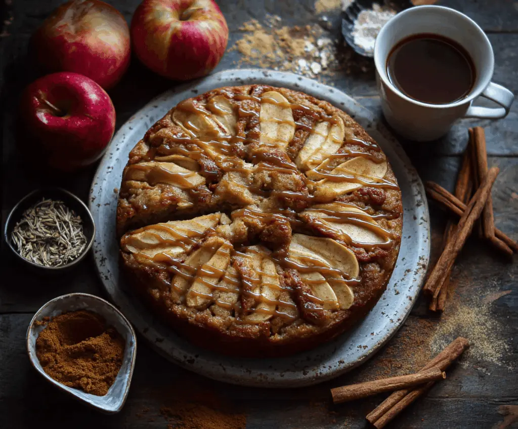 Delicious Chai Spice Apple Cake with cinnamon, cardamom, and fresh apple slices topped with whipped cream, ready to serve.
