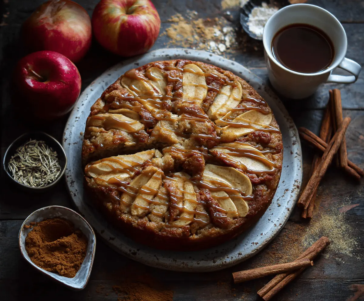 Delicious Chai Spice Apple Cake with cinnamon, cardamom, and fresh apple slices topped with whipped cream, ready to serve.