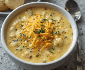 Creamy cheddar cauliflower soup served in a bowl, garnished with fresh herbs, perfect for a comforting and healthy meal.