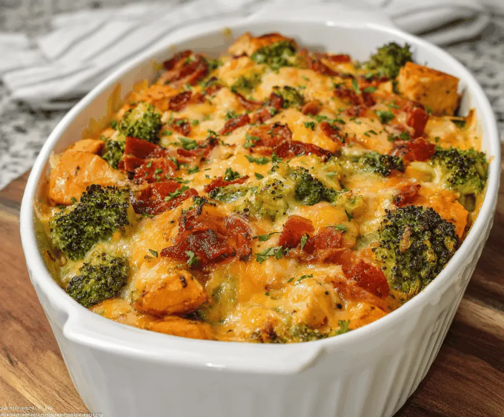Delicious cheesy chicken sweet potato broccoli casserole topped with melted cheese and fresh herbs, perfect for a healthy family dinner.