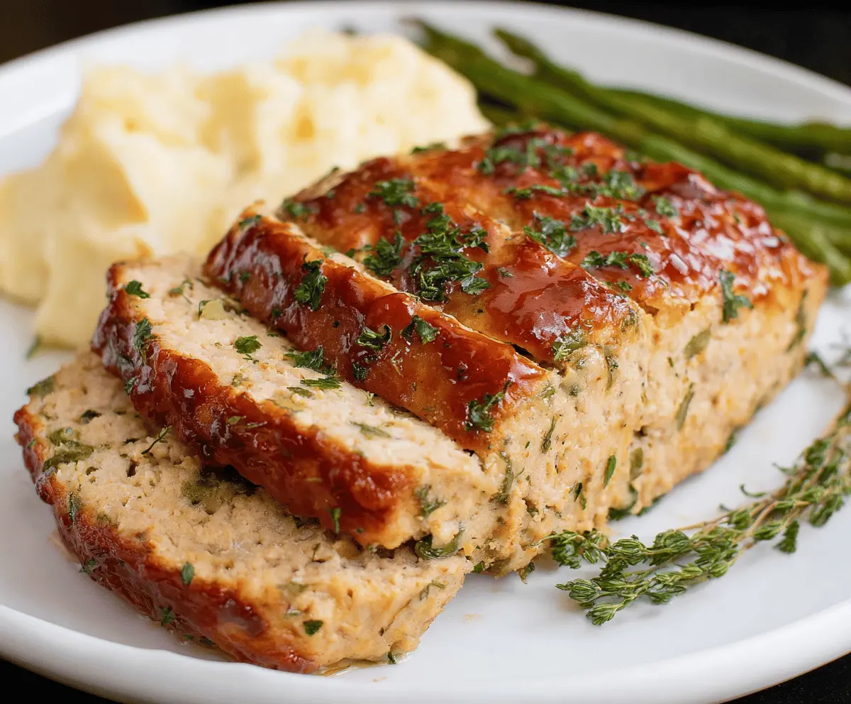 Juicy baked chicken meatloaf garnished with fresh herbs on a white plate, served with vegetables and mashed potatoes