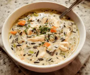 Creamy Chicken Wild Rice Soup with tender chicken pieces, hearty wild rice, vegetables, and fresh herbs in a bowl.