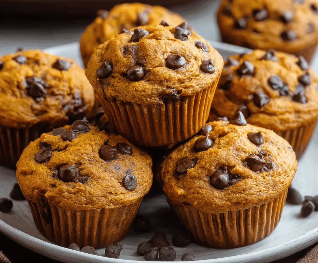 Delicious homemade chocolate chip pumpkin muffins topped with chocolate chips, perfect for fall baking