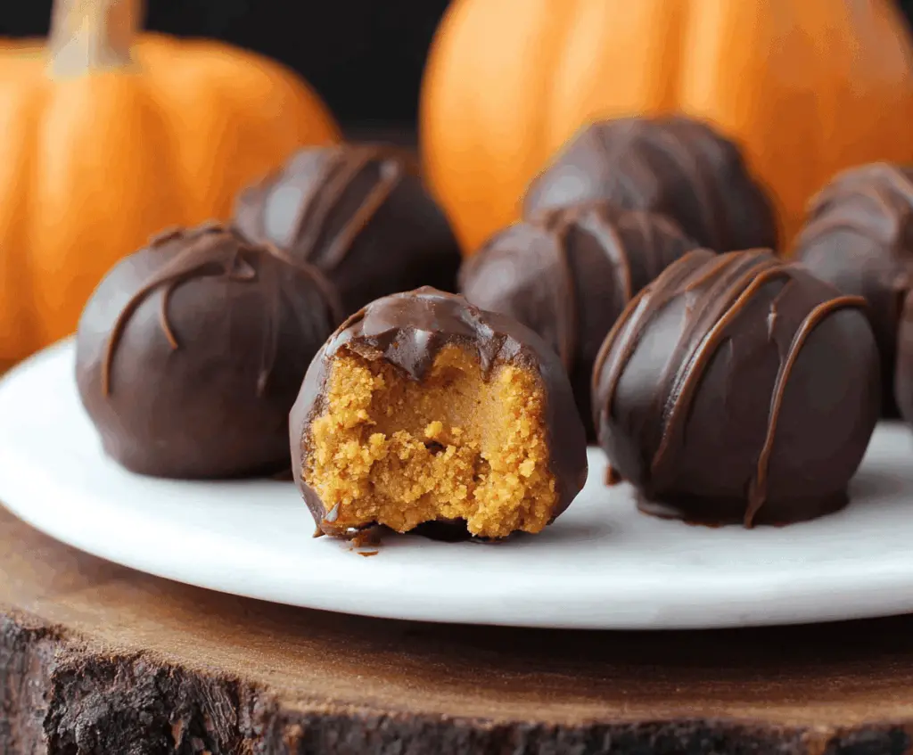 Chocolate covered pumpkin protein balls on a white plate, featuring a rich chocolate coating and a hint of pumpkin flavor, perfect for a healthy snack