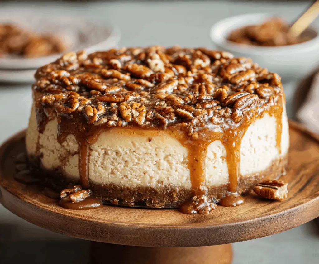 Creamy cinnamon pecan pie cheesecake topped with toasted pecans and a caramel drizzle, perfect for dessert lovers.