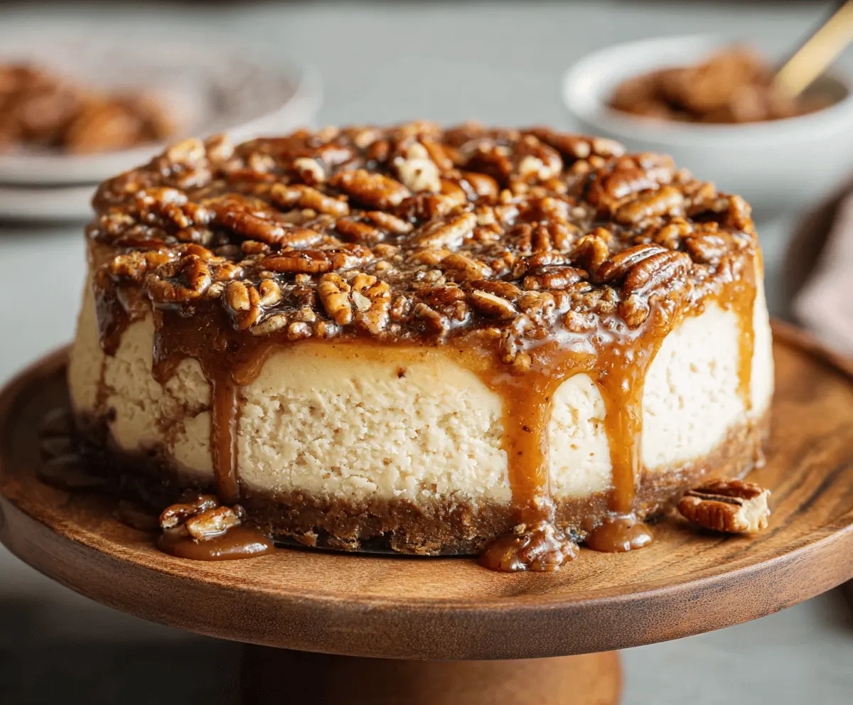 Creamy cinnamon pecan pie cheesecake topped with toasted pecans and a caramel drizzle, perfect for dessert lovers.