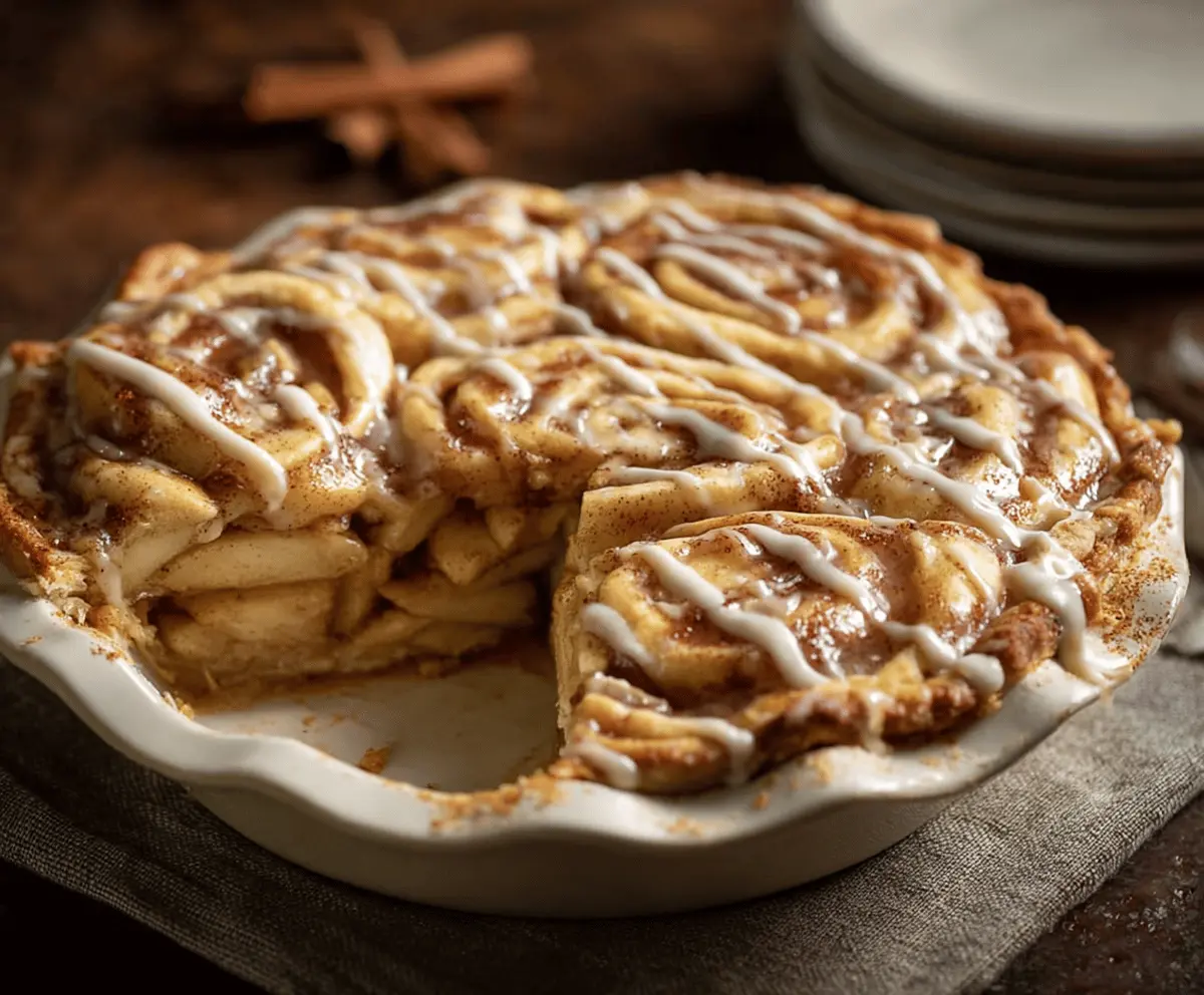 Delicious cinnamon roll apple pie with a golden-brown crust, cinnamon swirls, and fresh apple slices, perfect for fall desserts.