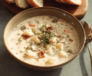 Creamy clam chowder served in a bowl with fresh herbs, showcasing tender clams, potatoes, and a rich, savory broth, perfect for a comforting seafood meal.