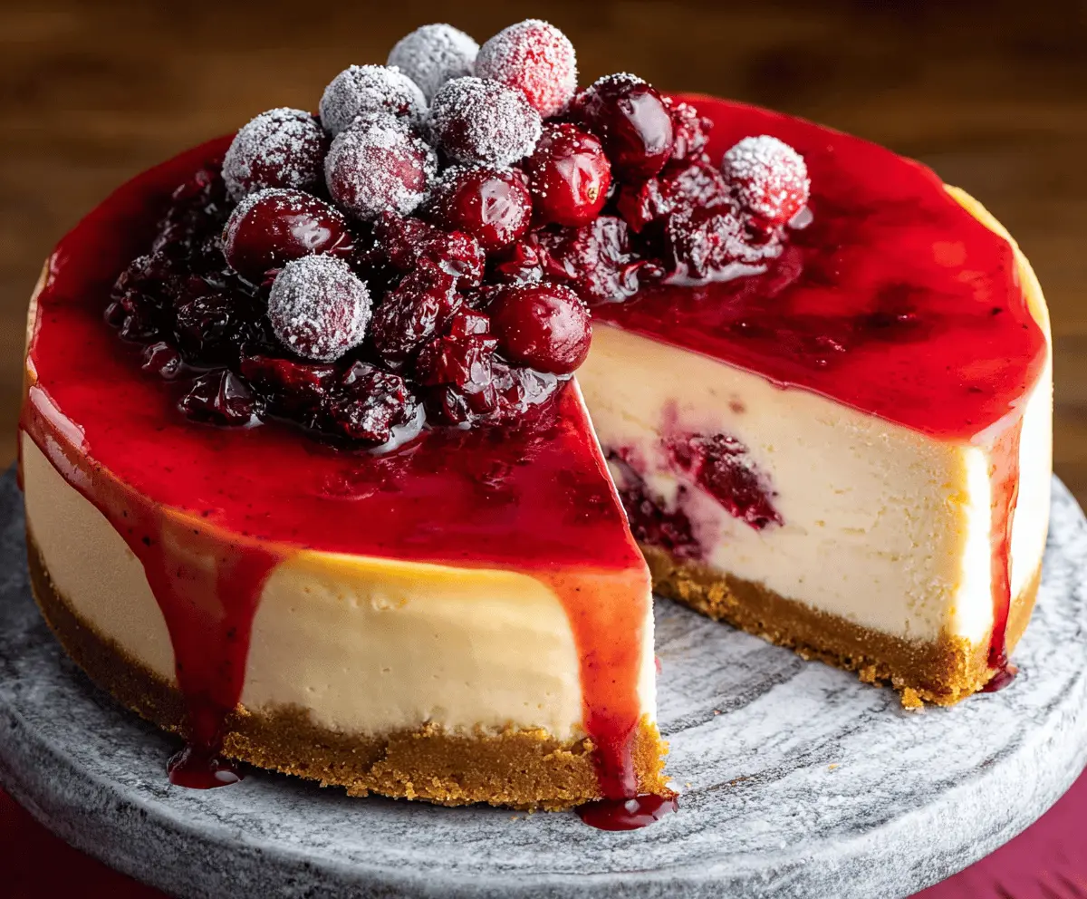 Creamy cranberry cheesecake topped with fresh cranberries and a graham cracker crust, perfect for holiday desserts.