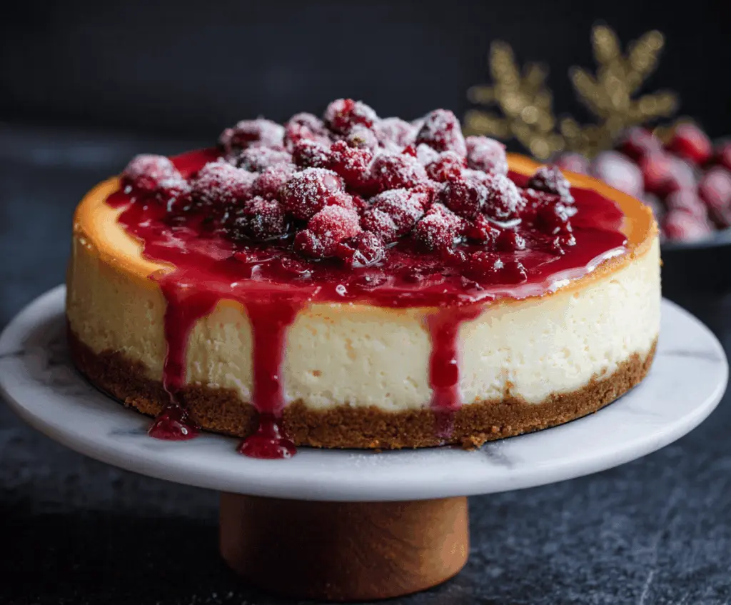 Delicious cranberry orange cheesecake garnished with fresh cranberries and orange zest.