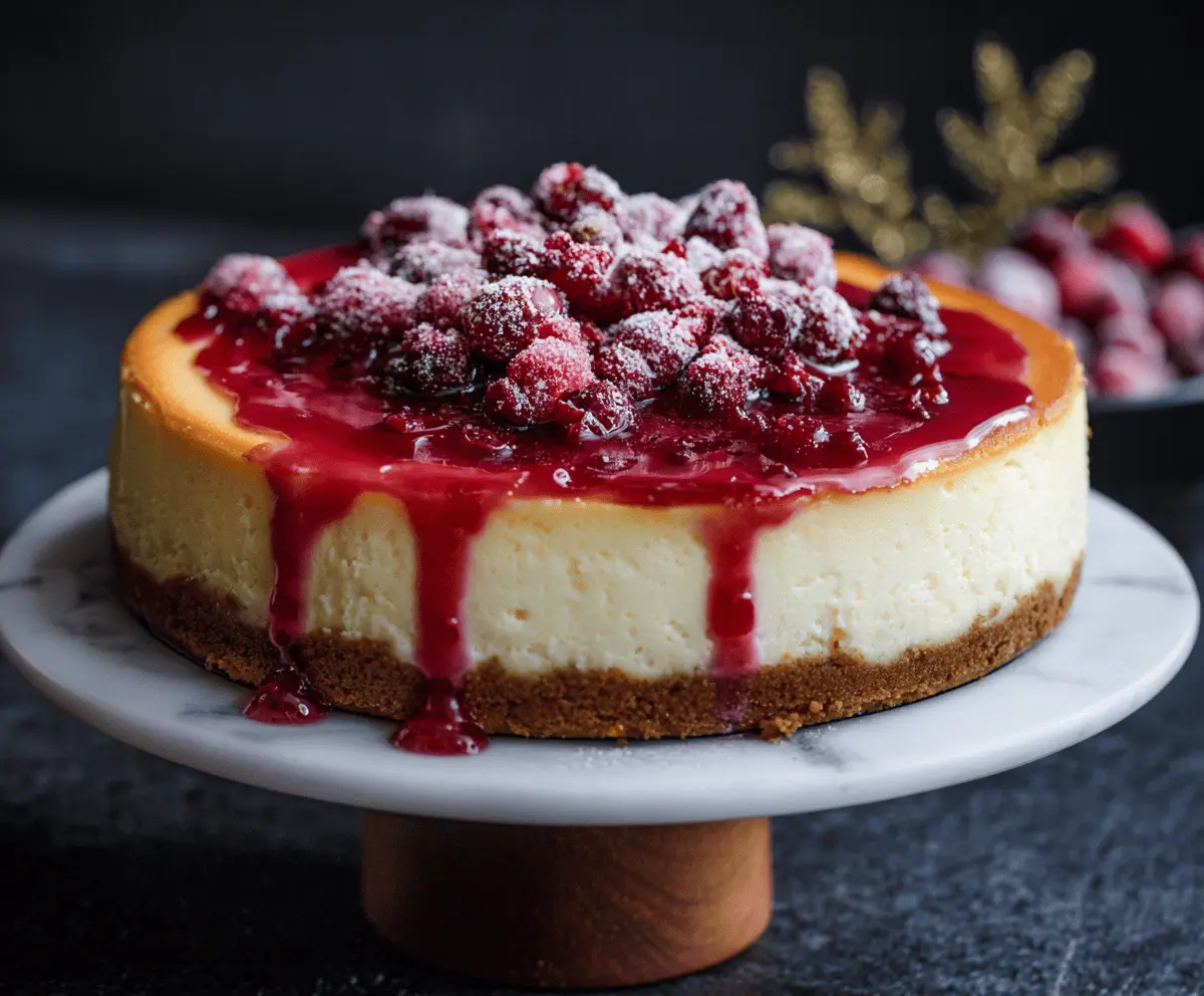 Delicious cranberry orange cheesecake garnished with fresh cranberries and orange zest.