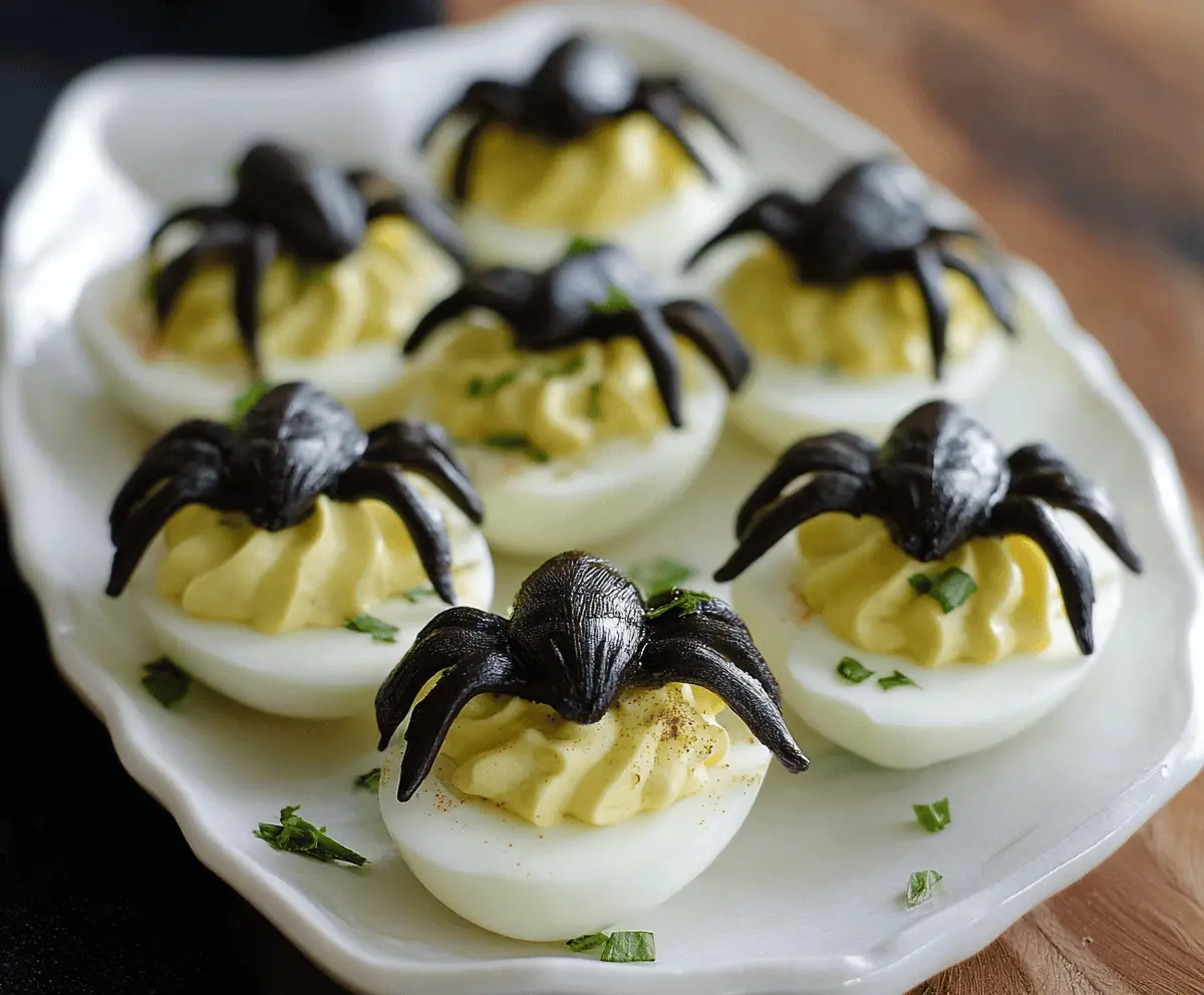 Decorative crawly spider deviled eggs with black olive eyes and spider legs, perfect for Halloween-themed parties and spooky snacks.