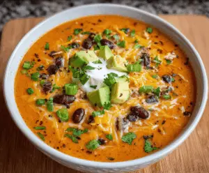 Creamy enchilada soup in a bowl topped with shredded cheese, fresh cilantro, and sour cream, served with tortilla chips for a delicious, comforting meal.