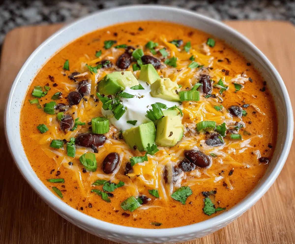 Creamy enchilada soup in a bowl topped with shredded cheese, fresh cilantro, and sour cream, served with tortilla chips for a delicious, comforting meal.