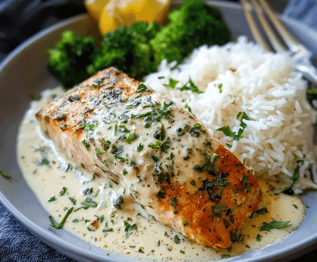 Delicious creamy garlic butter salmon fillet garnished with fresh herbs on a white plate, served with lemon wedges