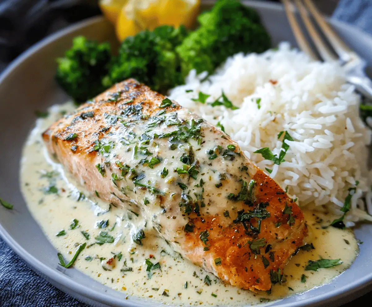 Delicious creamy garlic butter salmon fillet garnished with fresh herbs on a white plate, served with lemon wedges
