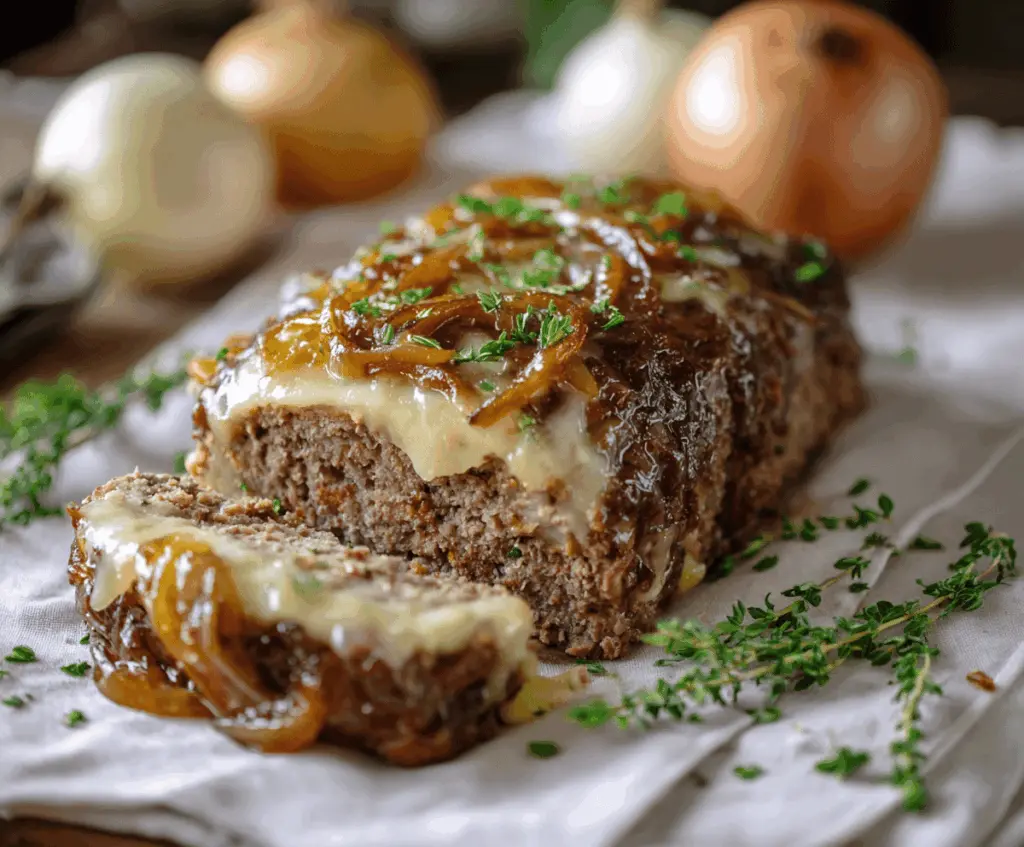 Crockpot French Onion Meatloaf topped with melted Swiss cheese and caramelized onions, served in a rustic bowl