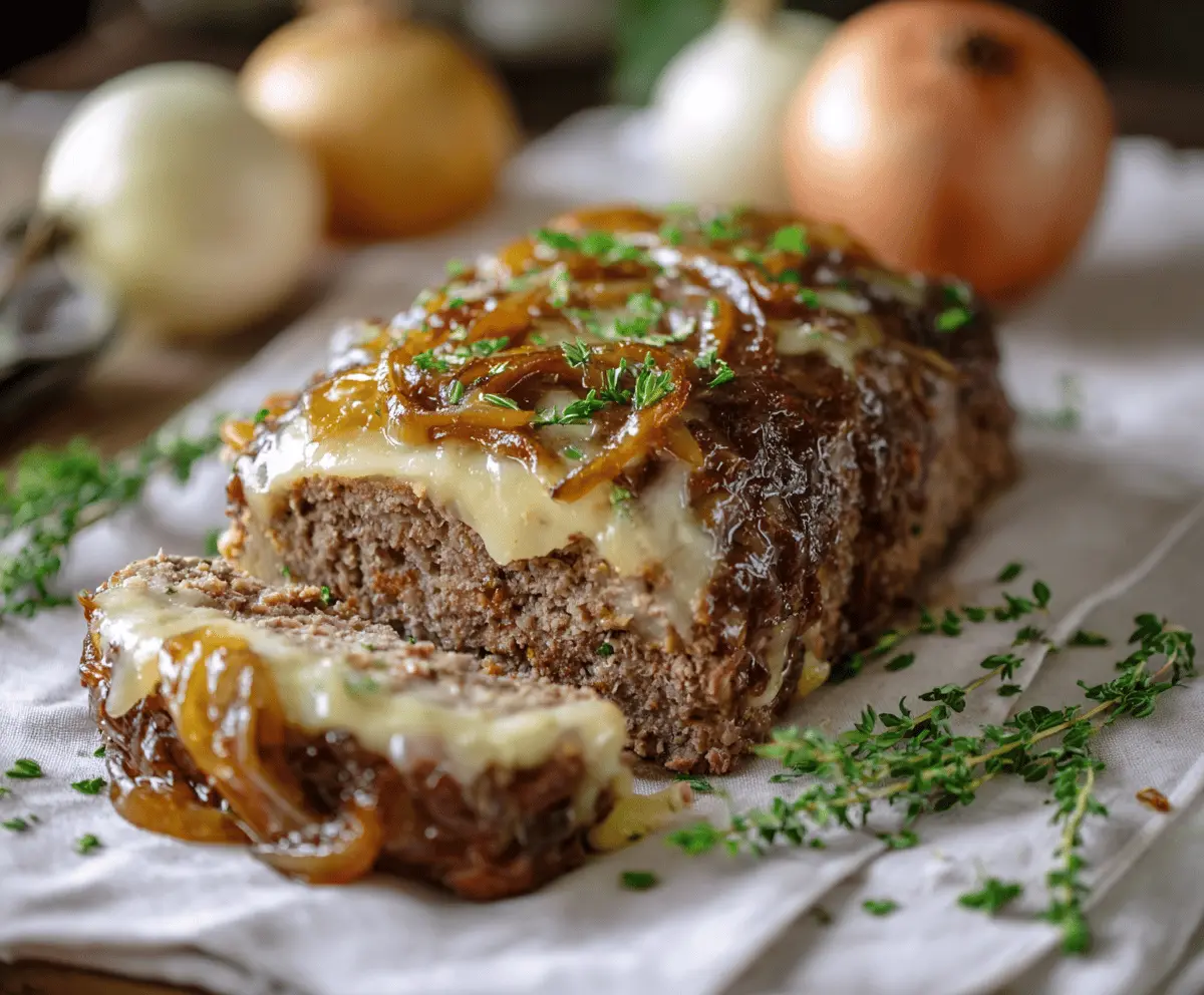 Crockpot French Onion Meatloaf topped with melted Swiss cheese and caramelized onions, served in a rustic bowl