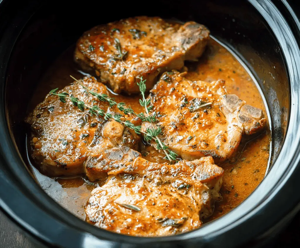 Delicious tender crockpot pork chops with vegetables and herbs, perfect for a hearty dinner.