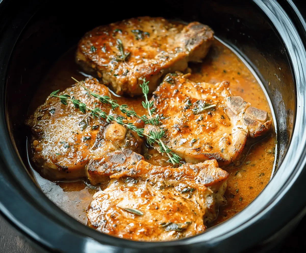Delicious tender crockpot pork chops with vegetables and herbs, perfect for a hearty dinner.