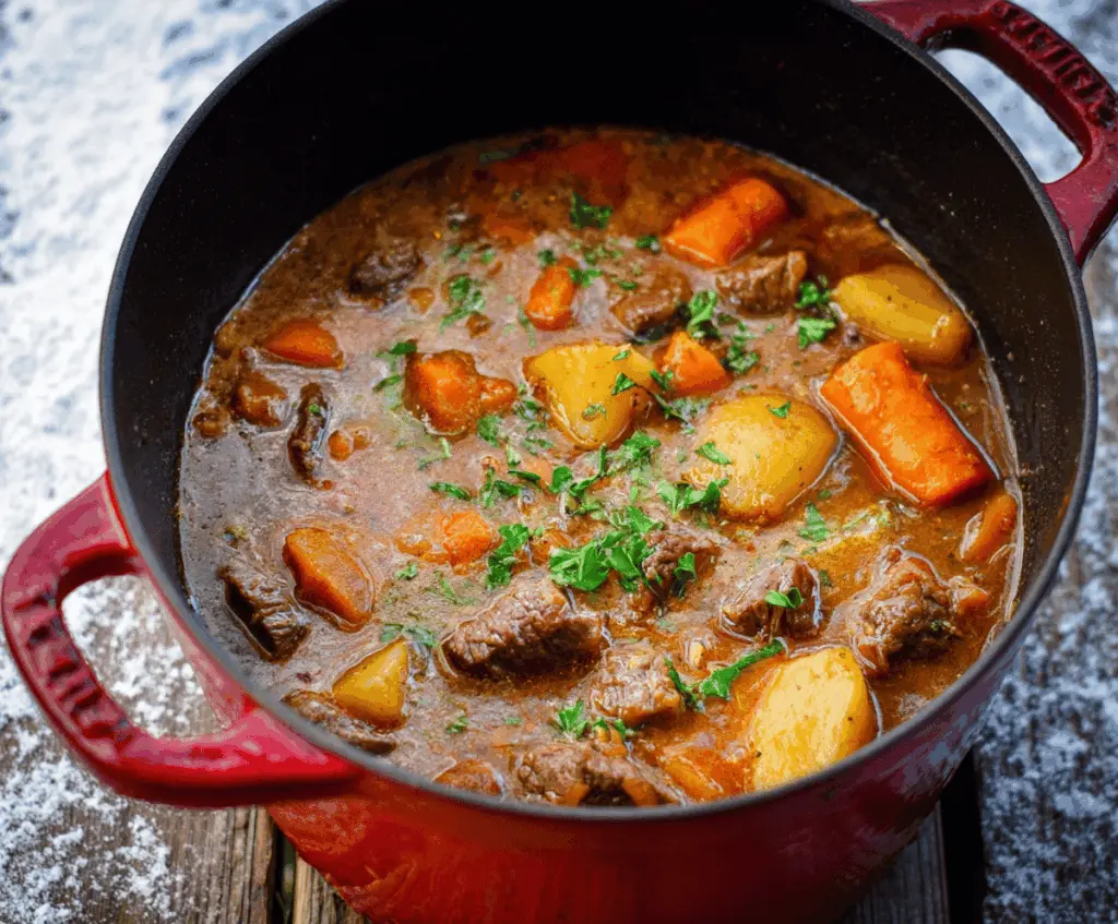 Hearty Dutch Oven Beef Stew with tender beef chunks, carrots, potatoes, and fresh herbs served in a rustic bowl.