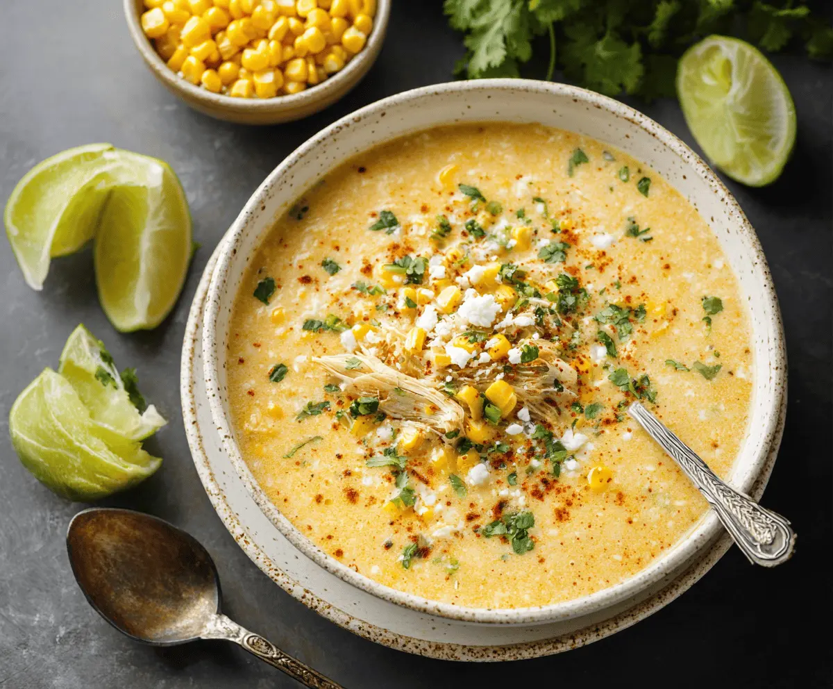 Creamy Elote Corn Soup topped with cilantro and cheese, served in a bowl with fresh lime and corn on the cob side.